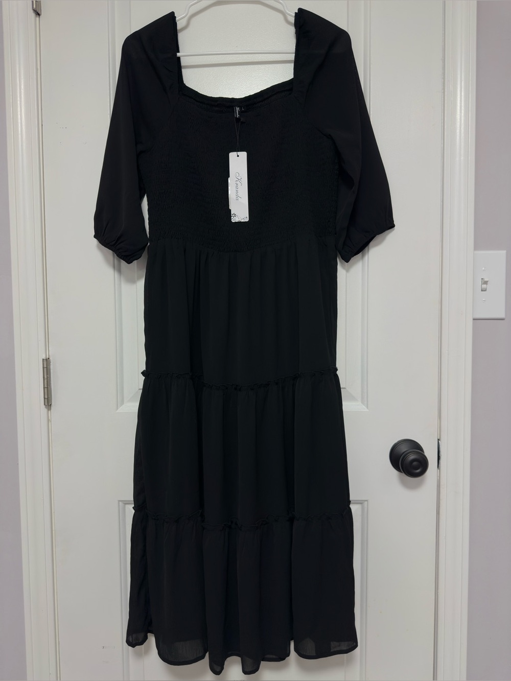 Smocked Square-Neck Black Maxi Dress with Puff Sleeves